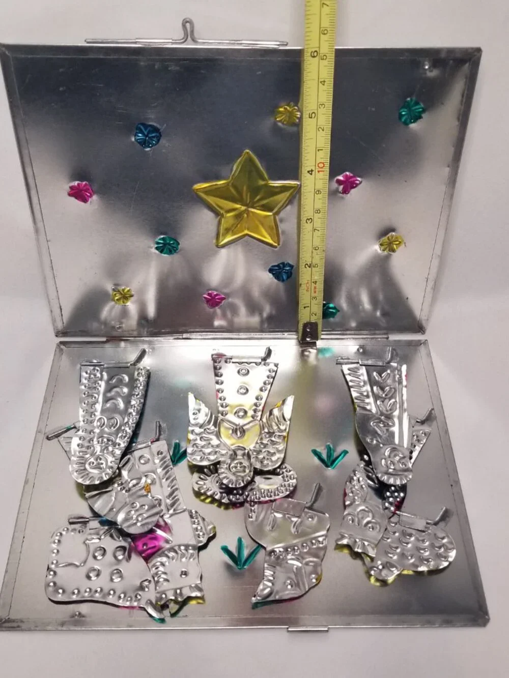 Mexican Folk Art Punched Tin Folding Pop Up Nativity Scene Hand Painted Display
